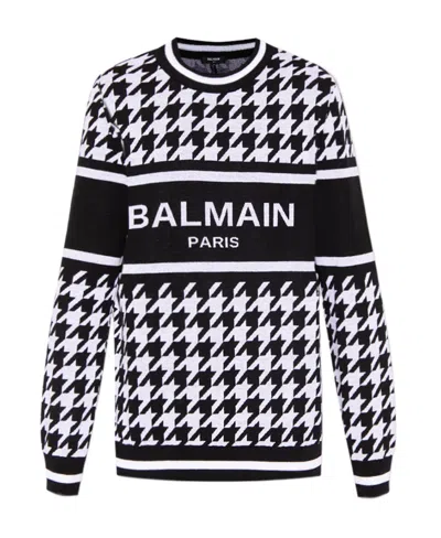 Balmain Logo-print Houndstooth Jumper In Black