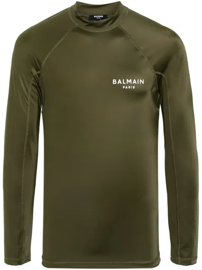 Balmain Logo-print Long-sleeve T-shirt In Green