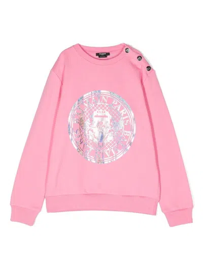 Balmain Kids' Logo-print Long-sleeved Sweatshirt In Pink