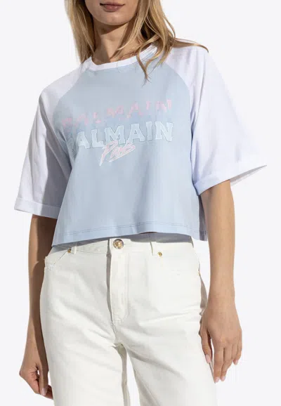 Balmain Paris Print Crew Neck Cropped T-shirt In Blue
