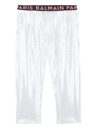 Balmain Kids' Logo-print Metallic-effect Leggings In White