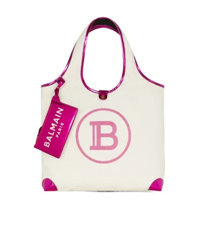 Balmain Logo-print Metallic-effect Shoulder Bag In White