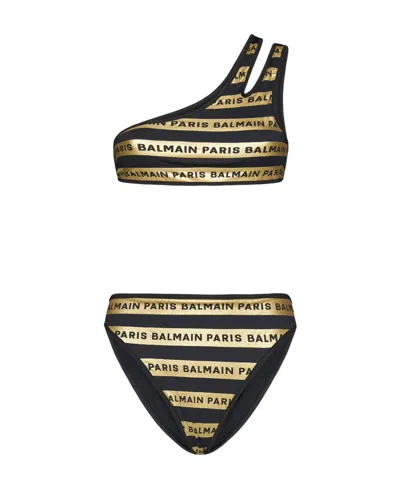 Balmain Logo-print One-shoulder Bikini In Black