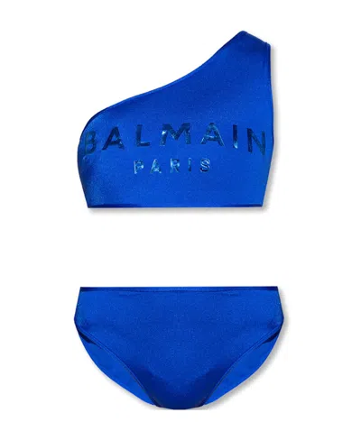 Balmain Logo-print One-shoulder Bikini In Blue
