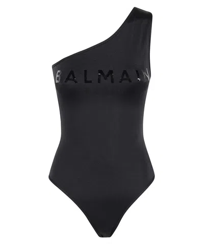 Balmain Logo Print One-shoulder Swimsuit In Black