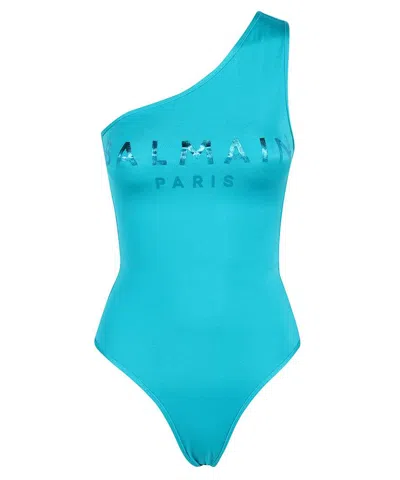 BALMAIN LOGO PRINT ONE-SHOULDER SWIMSUIT