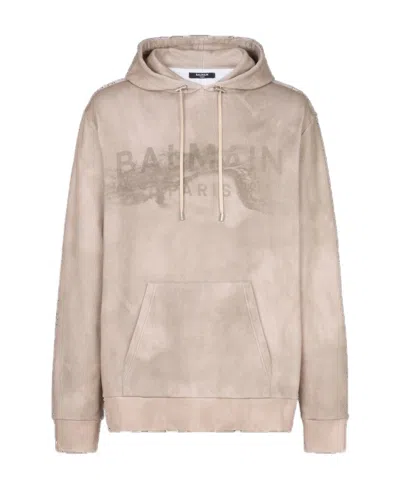 Balmain Logo-print Organic-cotton Hoodie In Nude