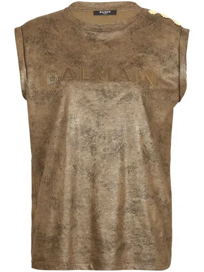 Balmain Logo Print Waxed Cotton Tank Top In Green