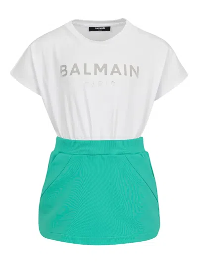 Balmain Kids' Logo-print Panelled Mini Dress In White