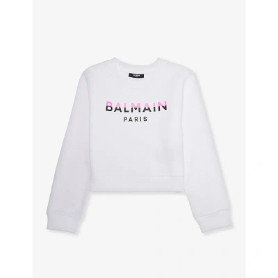 Balmain Kids' Logo-print Round-neck Cotton-jersey Sweatshirt 8-13 Years In White/fuchsia