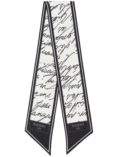 Balmain Black & White Printed Silk 'love Letter' Scarf