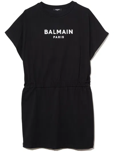 Balmain Kids' Logo-print Short-sleeve Dress In Black