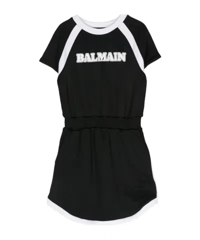 Balmain Kids' Logo-print Short-sleeve Dress In Black/white