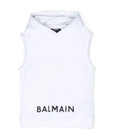 Balmain Logo-print Sleeveless Hoodie In White