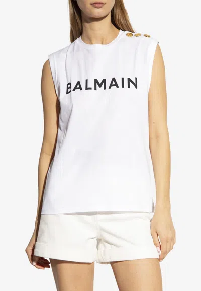 Balmain Logo Print Sleeveless T-shirt In White