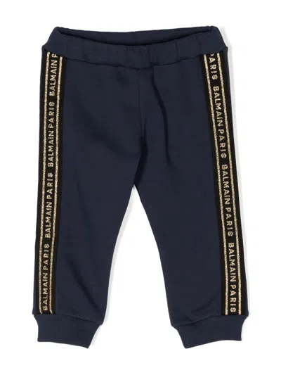Balmain Babies' Logo-print Strap Cotton Track Pants In Blue