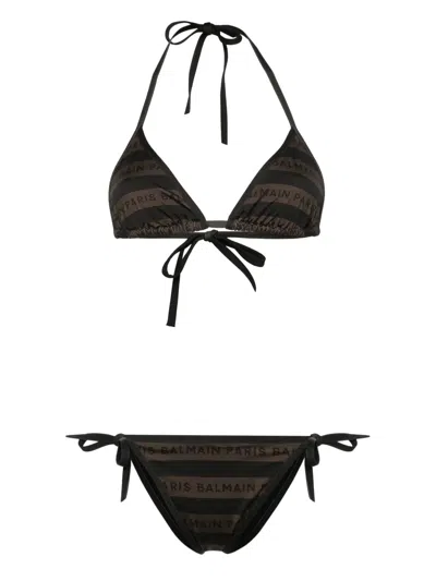 Balmain Logo-print Striped Bikini In Braun