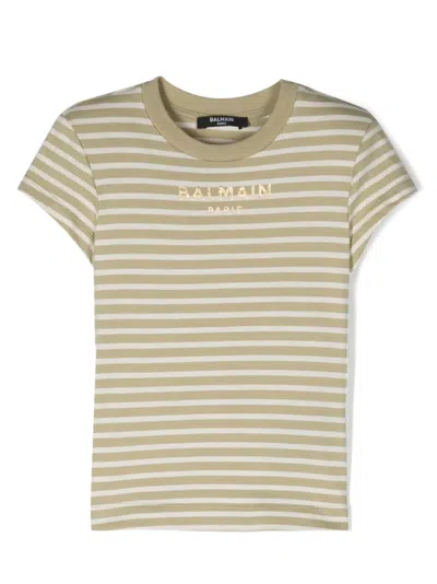 Balmain Kids' Logo-print Striped Cotton T-shirt In Green