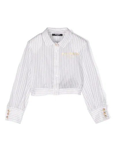 Balmain Kids' Logo-print Striped Shirt In White
