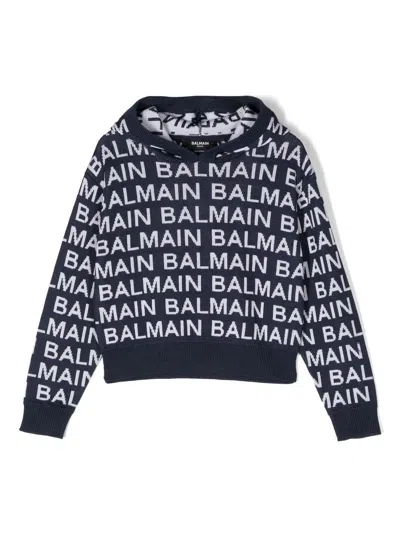 Balmain Kids' Logo Print Sweater In Blue/bianco