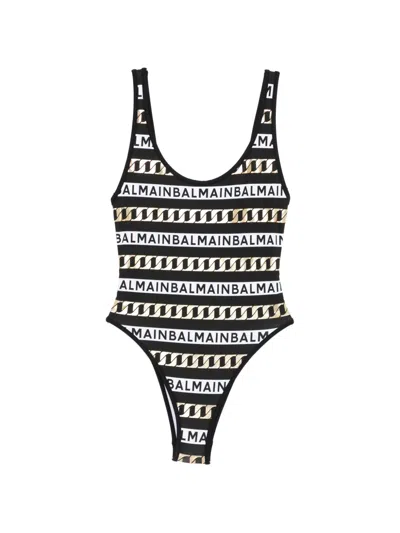 Balmain Logo-print Swimsuit In Black