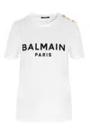 Balmain White Crewneck T-shirt With Logo Print And Golden Buttons In Jersey Woman