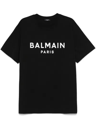 Balmain Black Crewneck T-shirt With Logo Lettering On The Front In Cotton Man In Multicolor