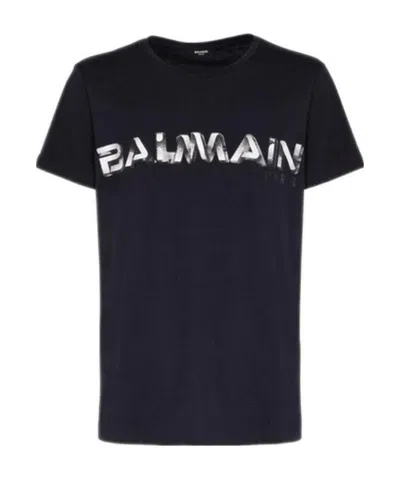 Balmain Navy Blue Cotton T-shirt With White  Logo Print