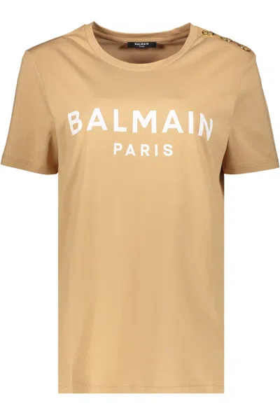 Balmain Logo Print T-shirt In Camel