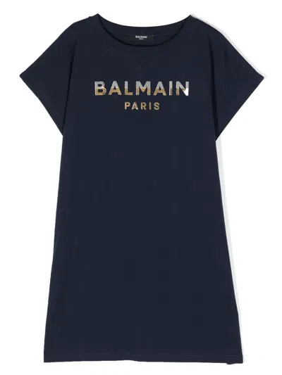 Balmain Kids' Logo-print T-shirt Dress In Blue