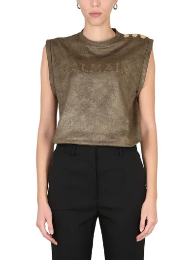 Balmain Metallic Logo T-shirt Shoulder Buttons In Brown