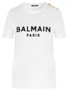 Balmain White Crewneck T-shirt With Logo Print And Golden Buttons In Jersey Woman