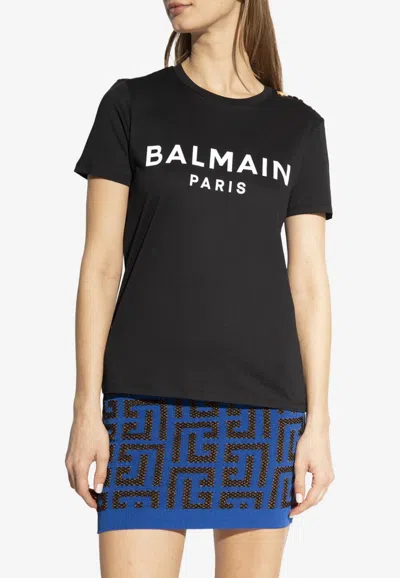 Balmain Logo Print T-shirt With Buttons In Black