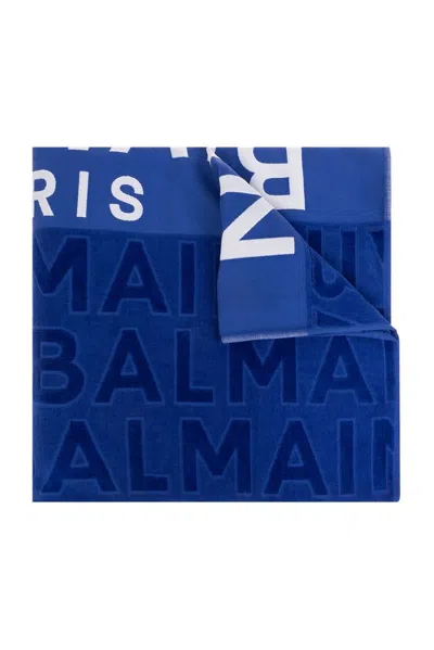 Balmain Logo Printed Beach Towel In Blue