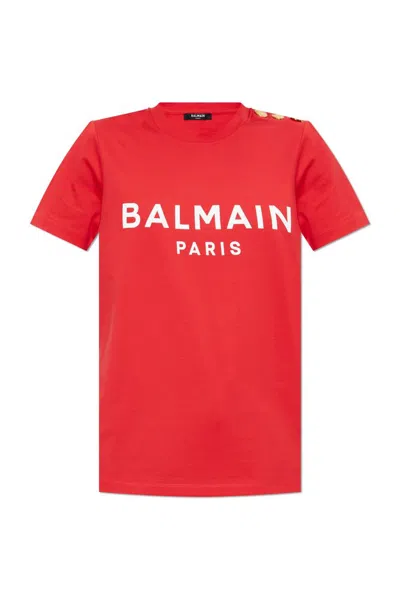 Balmain Logo Printed Buttoned Jersey T-shirt In Red