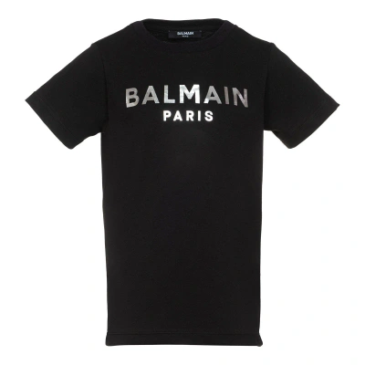 Balmain Kids' Logo Printed Crewneck T-shirt In Black/silver