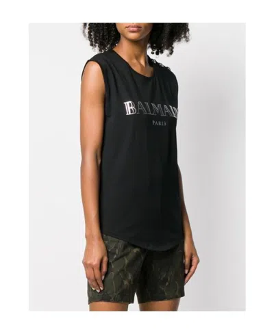 Balmain Logo Printed Crewneck Tank Top In Black