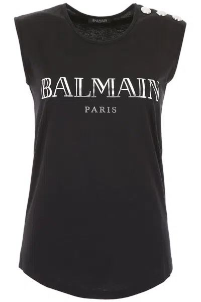 Balmain Logo Printed Crewneck Tank Top In Black