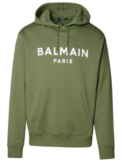 Balmain Logo Printed Drawstring Hoodie In Green