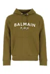 Balmain Drawstring Hooded Sweater With Front Pocket In Kaki