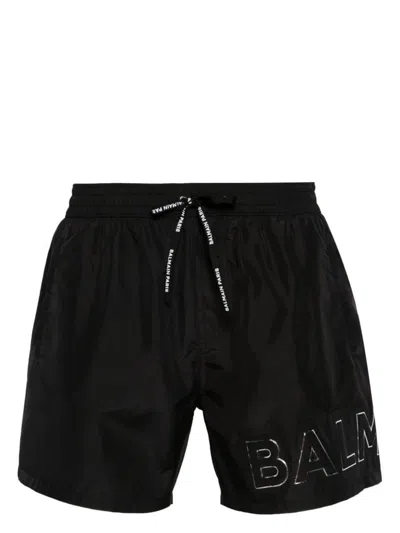Balmain Logo Printed Drawstring Shorts In Black