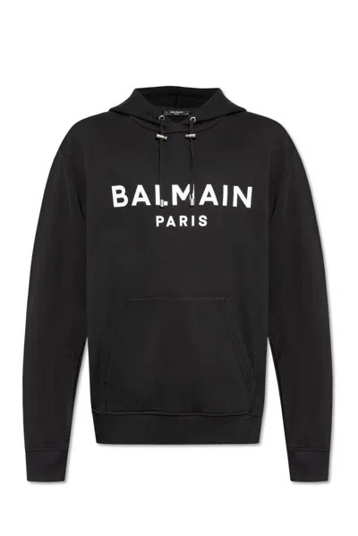 Balmain Logo Printed Drawstring Sweatshirt In Black