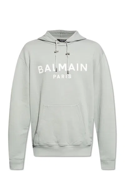Balmain Logo Printed Drawstring Sweatshirt In Grey