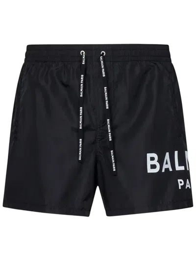 Balmain Logo Printed Drawstring Swim Shorts In Black