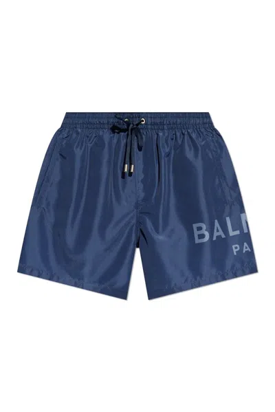 Balmain Logo Printed Drawstring Swim Shorts In Blue