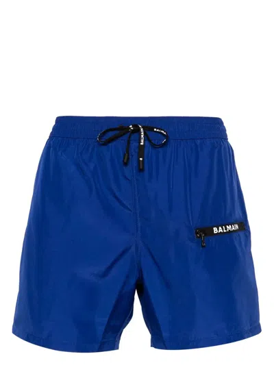 Balmain Logo印花泳裤 In Blue