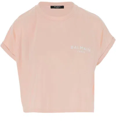 Balmain Logo Printed Short-sleeved Cropped T-shirt In Rosa/bianco