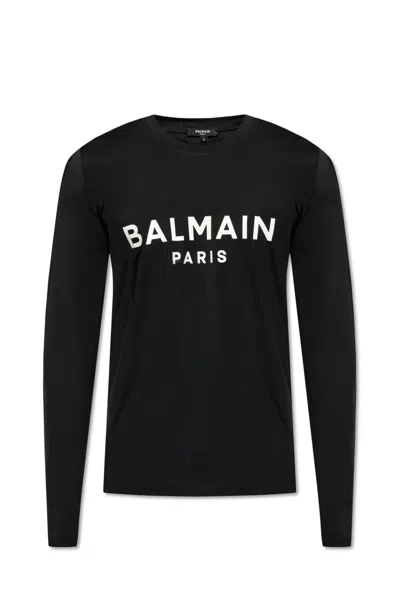 Balmain Logo Printed Sleeved Swim Top In Black