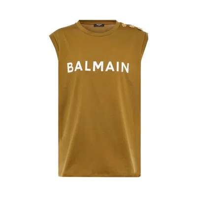 Pre-owned Balmain Logo Printed Sleeveless Top 'khaki/off White' In Tan