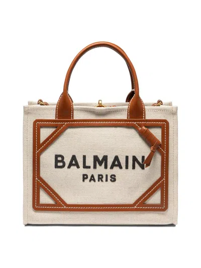 Balmain Logo Printed Top Handle Bag In Beige